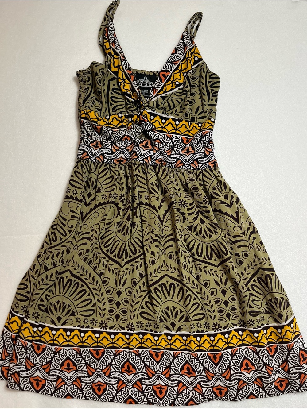 Angie Olive Green Midi Dress with Yellow & Orange Trim